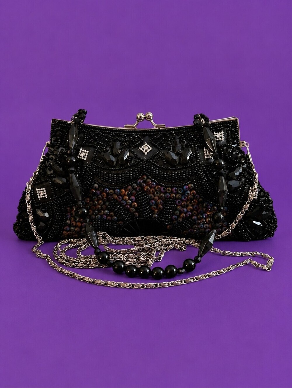 Black Beaded Antique Style Art Deco Kiss Closure Evening Bag NWOT